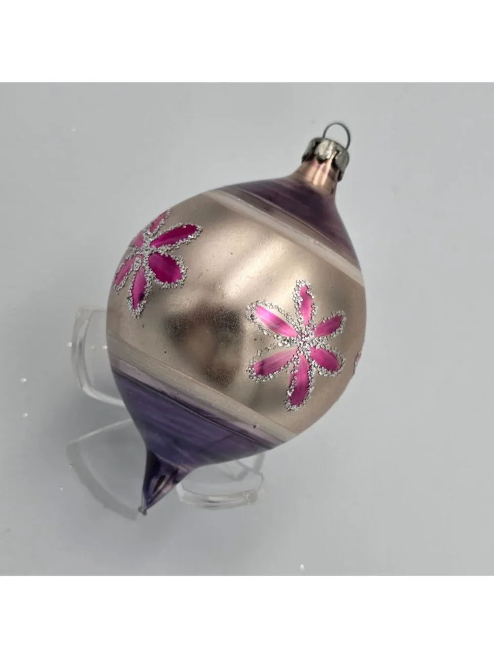 Reflector Glass Ornament Teardrop Indent Purple PInk Flowers Christmas 4